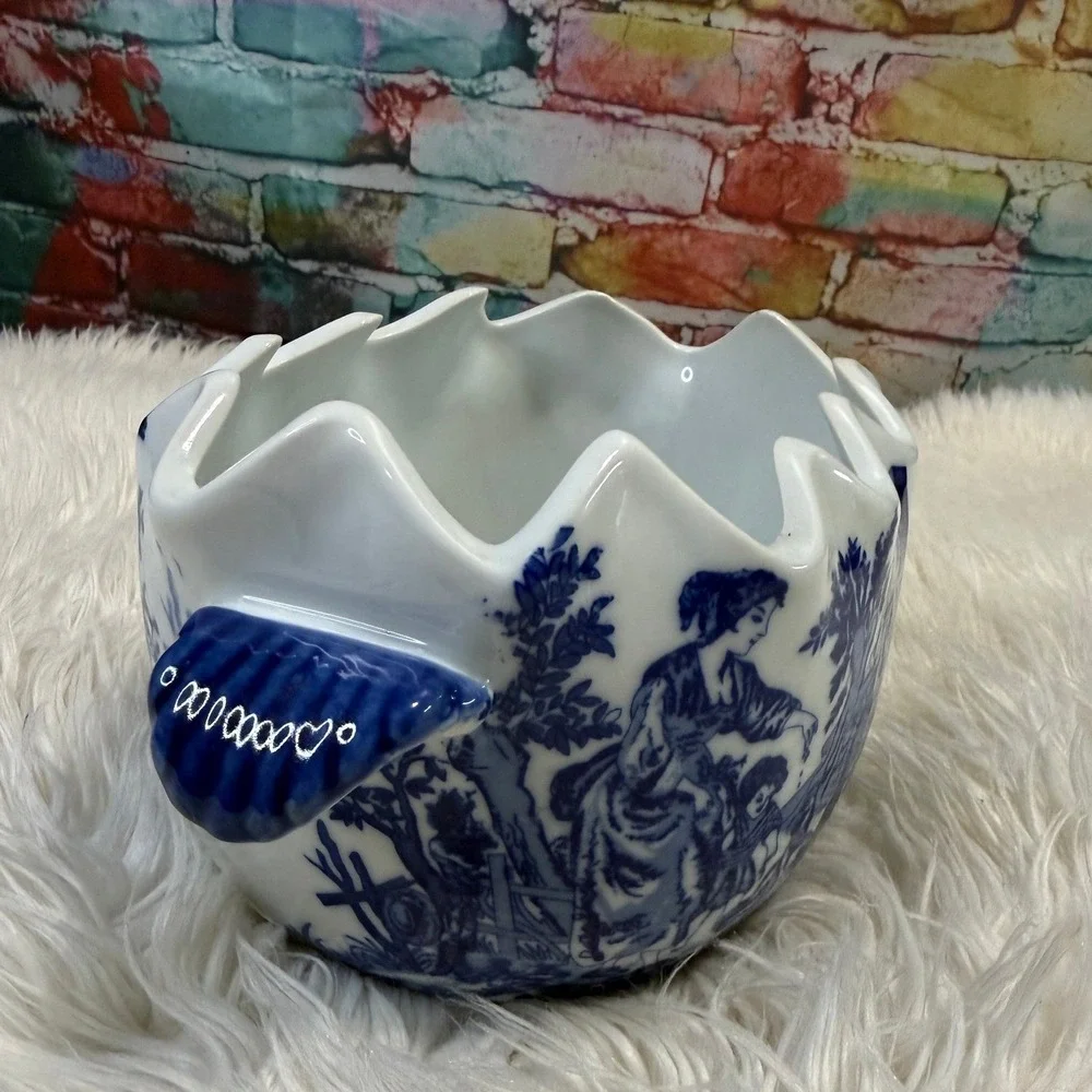 Blue and White Ironstone Transferware Scalloped Rim Bowl Pastoral Scene Vintage